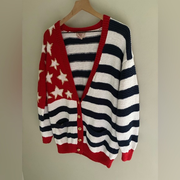 Vintage 90s Oversized Patriotic Stars and Stripes Cardigan Sweater Size‎ Medium - Picture 2 of 9